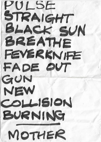 A setlist from Treworgey Tree Fayre, 28/07/89. After the set we clambered onto the stage - starstruck children, drunk and annoying on crappy cider - and bought t-shirts out of your cardboard box.Submitted by Sam Charrington